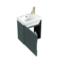FNX Bathrooms Fluted Mini Cloakroom Vanity Unit With Basin Wall Hung Soft Close Door Integrated Storage - Smoked Sage - thumbnail 3