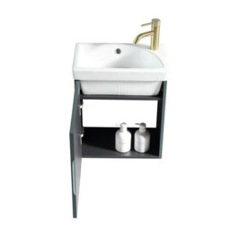 FNX Bathrooms Fluted Mini Cloakroom Vanity Unit With Basin Wall Hung Soft Close Door Integrated Storage - Smoked Sage - thumbnail 2