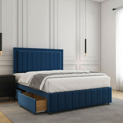 REGIONAL FURNISHINGS Blue Plush Velvet Divan Bed Set Upholstered 24Inch Headboard & Footboard 2Drawersfootend & Mattress In 4Ft 4Ft6 5Ft 6Ft Sizes - image 1