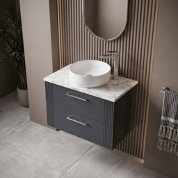 Balterley Belvide Partial Fluted 2 Drawer Wall Hung Vanity Unit With Carrera Marble Laminate Worktop - 800mm - Satin Soft Black - thumbnail 3
