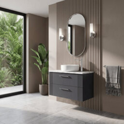Balterley Belvide Partial Fluted 2 Drawer Wall Hung Vanity Unit With Carrera Marble Laminate Worktop - 800mm - Satin Soft Black - thumbnail 4