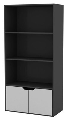 Urbn-Living Urbnliving Height 118Cm 4 Tier Wooden Bookcase Cupboard With Doors Storage Shelving Display Colour Black Door Grey Cabinet Unit - image 1