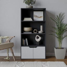 Urbn-Living Urbnliving Height 118Cm 4 Tier Wooden Bookcase Cupboard With Doors Storage Shelving Display Colour Black Door Grey Cabinet Unit - thumbnail 2