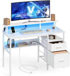 Songmics Study Desk With Led Lighting, Monitor Riser, Fabric Drawers And Built-In Outlets, Ideal For Home Office, Maple White - thumbnail 6