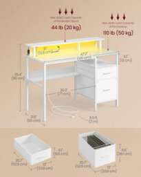 Songmics Study Desk With Led Lighting, Monitor Riser, Fabric Drawers And Built-In Outlets, Ideal For Home Office, Maple White - thumbnail 2