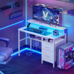 Study Desk With Led Lighting, Monitor Riser, Fabric Drawers And Built-In Outlets, Ideal For Home Office, Maple White