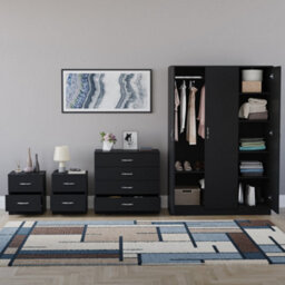 Lassic Vida Designs Riano 4 Piece Bedroom Set (2 Drawer Bedside Chest, 4 Drawer Chest, 3 Door Wardrobe), Black - thumbnail 2