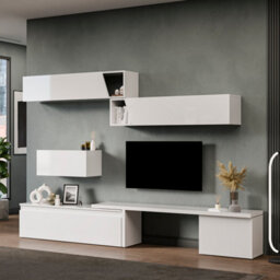Decorotika Glasgow Moduler Modern Tv Unit Wall Mount Customizable Layout High Gloss White - thumbnail 2