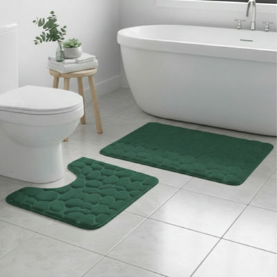 2 Piece Pebble Design Memory Foam Bath Mat Set Soft Absorbent Non-Slip Bathroom Green - image 1