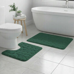 2 Piece Pebble Design Memory Foam Bath Mat Set Soft Absorbent Non-Slip Bathroom Green - thumbnail 1