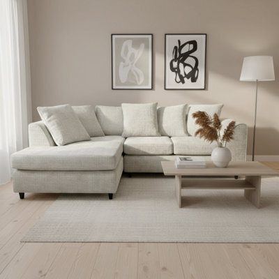 Abakus Direct Jumbo Chenille Corner Sofa In Cream Left Facing With Plush Chaise Extension - image 1