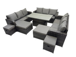 Fimous Rattan Garden Furniture Dining Set 13-Seater Patio Height Adjustable Rising Lifting Table Sofa Set With 4 Footstools - thumbnail 2