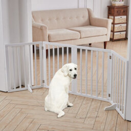 Living And Home 4-Panel White Wooden Folding Pet Playpen Freestanding Pet Gate With Fixed Bracket 60.5Cm H