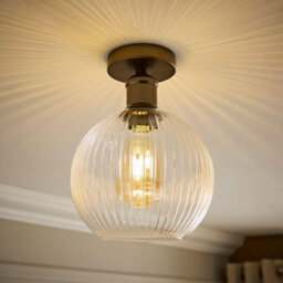 Valuelights Maddison Clear Rib Glass Brushed Brass Flush Ceiling Light & Filament Bulb - thumbnail 1
