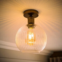 Valuelights Maddison Clear Rib Glass Brushed Brass Flush Ceiling Light & Filament Bulb - thumbnail 2