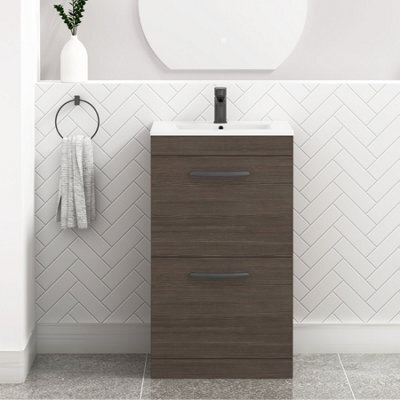 Royal Bathrooms Turin Grey Elm 500mm Floor Standing Vanity Unit 2 Drawer With Minimalist Basin Sink & Matt Black Handles - image 1