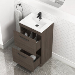 Royal Bathrooms Turin Grey Elm 500mm Floor Standing Vanity Unit 2 Drawer With Minimalist Basin Sink & Matt Black Handles - thumbnail 5