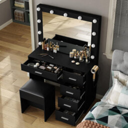 Fusou Dressing Table With Led Mirror, Vanity Table With Power Outlet, 12 Hollywood Lights, 3 Lighting Modes - thumbnail 3