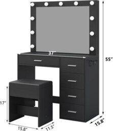 Fusou Dressing Table With Led Mirror, Vanity Table With Power Outlet, 12 Hollywood Lights, 3 Lighting Modes - thumbnail 2