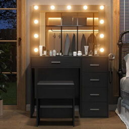 Fusou Dressing Table With Led Mirror, Vanity Table With Power Outlet, 12 Hollywood Lights, 3 Lighting Modes - thumbnail 5