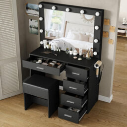 Fusou Dressing Table With Led Mirror, Vanity Table With Power Outlet, 12 Hollywood Lights, 3 Lighting Modes - thumbnail 4