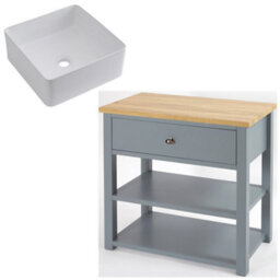 Homestylestore 840mm Light Grey And Oak Bathroom Vanity Unit With Square Countertop Basin And Bronze Round Handle