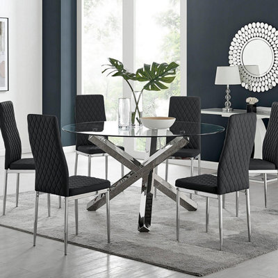 Furniturebox Uk Vogue Large Round Chrome Metal Clear Glass Dining Table And 6 Black Milan Dining Chairs Set - image 1
