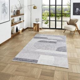 Grey Silver Geometric 5mm Thick Rug, Stain-Resistant Modern Rug For Bedroom, Living Room, & Dining Room-60Cm X 170Cm (Runner) - thumbnail 2