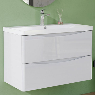 AVER-GROWTH 800mm Vanity Unit With Basin Gloss White Resin Sink Bathroom Wall Mounted Storage Cabinet Soft Close Hinges 2 Drawers Wall Hung - image 1