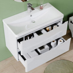 AVER-GROWTH 800mm Vanity Unit With Basin Gloss White Resin Sink Bathroom Wall Mounted Storage Cabinet Soft Close Hinges 2 Drawers Wall Hung - thumbnail 4