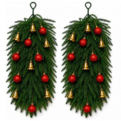 CLEFFNS 2Pcs Christmas Teardrop Swag For Front Door, 65Cm Diy Artificial Pine Christmas Swag Kit With Gold Bells Red Ball Ornaments - image 1
