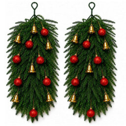 CLEFFNS 2Pcs Christmas Teardrop Swag For Front Door, 65Cm Diy Artificial Pine Christmas Swag Kit With Gold Bells Red Ball Ornaments - thumbnail 1