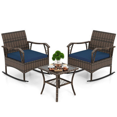 3 Pcs Rocking Bistro Set Outdoor Pe Wicker Conversation Set Navy - image 1