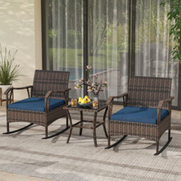 3 Pcs Rocking Bistro Set Outdoor Pe Wicker Conversation Set Navy - thumbnail 6