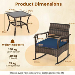 3 Pcs Rocking Bistro Set Outdoor Pe Wicker Conversation Set Navy - thumbnail 2