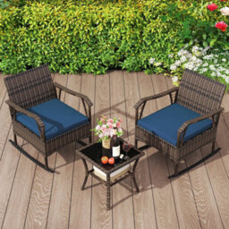 3 Pcs Rocking Bistro Set Outdoor Pe Wicker Conversation Set Navy - thumbnail 3