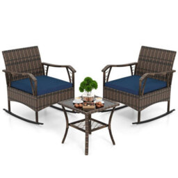 3 Pcs Rocking Bistro Set Outdoor Pe Wicker Conversation Set Navy - thumbnail 1