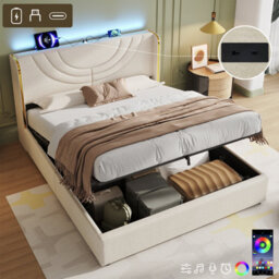 Abrihome Beige Linen King Bed With Hydraulic Storage, Led Headboard & Chrome Trim, Usb-C Charging, No Mattress
