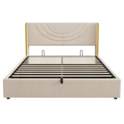 Abrihome Beige Linen King Bed With Hydraulic Storage, Led Headboard & Chrome Trim, Usb-C Charging, No Mattress - thumbnail 7