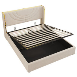 Abrihome Beige Linen King Bed With Hydraulic Storage, Led Headboard & Chrome Trim, Usb-C Charging, No Mattress - thumbnail 6