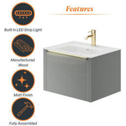 Plum&clay Zion Fluted Grey Wall Hung Drawer Vanity Unit & Basin Set (W)600mm - thumbnail 6