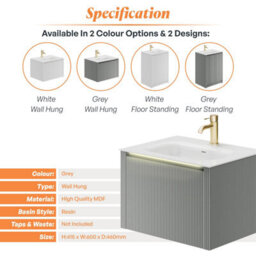 Plum&clay Zion Fluted Grey Wall Hung Drawer Vanity Unit & Basin Set (W)600mm - thumbnail 7