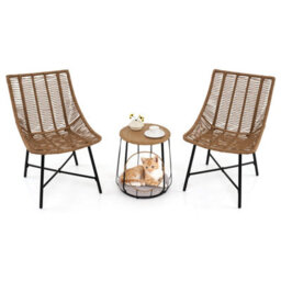Costway 3 Pcs Outdoor Bistro Set With Pet House Metal Frame Patio Chairs W/ Coffee Table - thumbnail 1