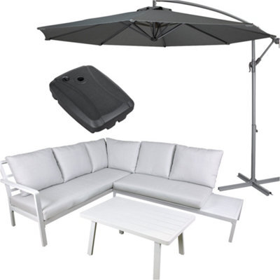 Loops Premium 5 Seater Garden Coffee Table & Parasol Set - White Aluminium Corner Sofa - image 1