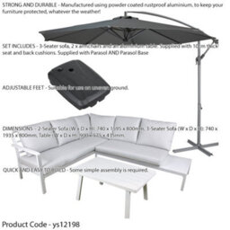 Loops Premium 5 Seater Garden Coffee Table & Parasol Set - White Aluminium Corner Sofa - thumbnail 2