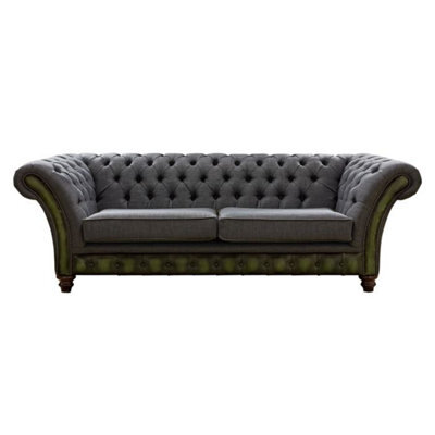 Chesterfield 3 Seater Sofa Antique Olive Leather Marinello Pewter Fabric In Jepson Style - image 1
