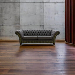 Chesterfield 3 Seater Sofa Antique Olive Leather Marinello Pewter Fabric In Jepson Style - thumbnail 3