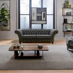 Chesterfield 3 Seater Sofa Antique Olive Leather Marinello Pewter Fabric In Jepson Style - thumbnail 2