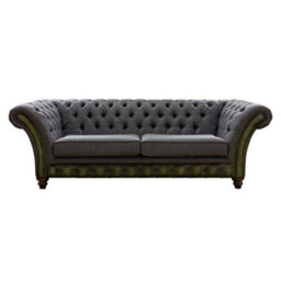 Chesterfield 3 Seater Sofa Antique Olive Leather Marinello Pewter Fabric In Jepson Style - thumbnail 1