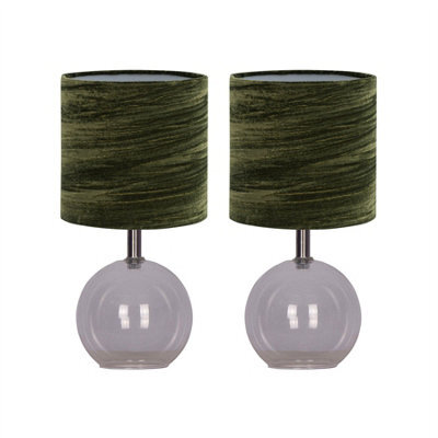 First Choice Lighting Set Of 2 Buck - Clear Glass Table Lamps With Dark Green Velvet Shade - image 1